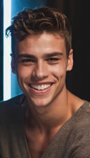 medium portrait photo of young man, top model
top model, smiling,
 skin pore,
cinematic lighting,
