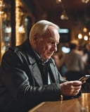 cinematic film still an elderly man sitting at a bar, looking at his cell phone. He is wearing a black jacket and appears to be engrossed in his phone. The scene takes place in a dimly lit bar, which suggests that it might be a quiet or late-night setting. The man's focus on his phone could indicate that he is checking messages, browsing the internet, or engaging in some other form of digital communication. The image captures a moment of solitude and technology use in a social setting, highlighting the impact of modern technology on people's daily lives. . shallow depth of field, vignette, highly detailed, high budget, bokeh, cinemascope, moody, epic, gorgeous, film grain, grainy

