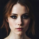 dark shot, face photo of 28 y.o pale woman, makeup, film grain
