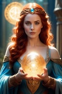Fairy tale ethereal fantasy concept art of cinematic film still a woman holding a glowing ball in her hands, featured on cgsociety, fantasy art, very long flowing red hair, holding a pentagram shield, looks a bit similar to amy adams, lightning mage spell icon, benevolent android necromancer, high priestess tarot card, anime goddess, portrait of celtic goddess diana, featured on artstattion . shallow depth of field, vignette, highly detailed, high budget Hollywood movie, bokeh, cinemascope, moody, epic, gorgeous, film grain, grainy . magnificent, celestial, ethereal, painterly, epic, majestic, magical, fantasy art, cover art, dreamy . Magical, fantastical, enchanting, storybook style, highly detailed
