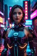 Hyperrealistic art cinematic photo Neon noir beautiful woman semi robot taking selfie,looking at viewer, . Cyberpunk, dark, rainy streets, neon signs, high contrast, low light, vibrant, highly detailed . 35mm photograph, film, bokeh, professional, 4k, highly detailed . Extremely high-resolution details, photographic, realism pushed to extreme, fine texture, incredibly lifelike