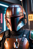 Hyperrealistic art portrait, cyberpunk mandalorian, futuristic, highly detailed, made with blender . Extremely high-resolution details, photographic, realism pushed to extreme, fine texture, incredibly lifelike