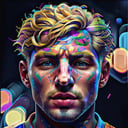 psychedelic, closeup, illustration of a realistic, blonde hair, short hair,man, looking at viewer,simple background, <lora:psychedelic_portrait:0.9>