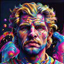psychedelic, closeup drawing of a realistic handsome man, blonde hair, short hair, looking at viewer,simple background, <lora:psychedelic_portrait-000012:1.2>