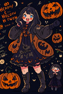 anime illustration, best shadows, halloween, pumpkins, ghosts, fangs, black lacy dress, black thigh boots, ann takamaki [persona], 1girl, happy expression, black twintails, blue eyes, scary pose with "happy halloween" word displayed
