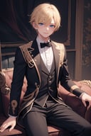 masterpiece, best quality, incredibly absurdress, highres, high detail eyes, high detail background, 1boy, male focus, sitting, blonde, blue eyes, looking at viewer, smile