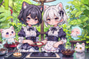 (masterpiece), 2girl, silver hair, black hair, medium hair, short hair, purple eyes, yellow eyes, medium breasts, white shirt, translucent, short black skirt, lace, frills, lace trims, frilled sleeves, frilled skirt, lolita fashion, maid, sweets, cookie, candy, swirl lollipop, chocolate, candy cane, (ghost with cat ears), (monster), slime, swamp, jungle, (cooking:1.3),