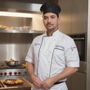 modelshoot style, masterpiece, sharp focus, a picture of sp-nz, in a chefs uniform and chef hat, standing in a kitchen, 5 o'clock shadow, stubble, age 43