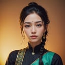 Protrait, photograph, androgynous hunnuman, oval jaw, delicate features, beautiful face, dreadlocked hair, long bangs, long ponytail, bright blue-green eyes, hindu art, Korean
