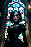 portrait of vampire queen standing in dark, no pupils, ornate black dress, black hair, (blood on face:1.2), fangs, castle indoors, stained glass, chandelier, moonlight, particles <lora:sxz-niji-v2:0.8>