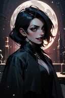portrait of vampire queen standing in dark, black hair, no pupils, no sclera, red lips, fangs, castle indoors, moonlight, particles <lora:sxz-niji-v2:0.8>