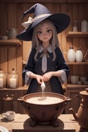 (masterpiece), best quality, high resolution, highly detailed, detailed background, perfect lighting, the witch with a cauldron full of condensed milk