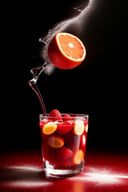 (Cinematic Photo:1.3) of (Realistic:1.3) a studio shot of a (exploding:0.2) (Fruit in low gravity:1.1) (Splashing:0.9) a glass of water with strawberries, oranges and blueberries in it, splash image, full-color, on a canva, splashes of liquid, drinks, a fruit basket, strong red hue, hgh, evokes delight, water swirling, by Fred Marcellino, top selection on unsplash, professional food photography, art photography. black background