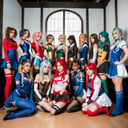 awardwinning RAW photo of room filled with young_woman, cosplay, full body, different races, different hairstyles, stockings, kneeling, amazing details