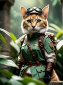 cinematic film still a cat, (adventurer outfit), lush_jungle, epic ruins, amazing details, amazing quality, masterpiece, . shallow depth of field, vignette, highly detailed, high budget, bokeh, cinemascope, moody, epic, gorgeous, film grain, grainy