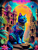 Psychedelic style a cat, (adventurer outfit), lush_jungle, epic ruins, amazing details, amazing quality, masterpiece, . Vibrant colors, swirling patterns, abstract forms, surreal, trippy