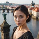 a perfect photo, waist up shot, from above, sharp focus, of a beautiful (Asian Czech:1.3) woman in foreground, in Prague, at the Charles Bridge, river in background
