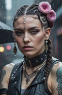photography, a woman with a flower in her hair, cyberpunk style    --ModernNetflix-1900, tattoos, raining, droplets, skulls, bones, leather, fabric, braids, pearls
