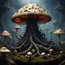 ((best quality)), ((masterpiece)), ((realistic,digital art)), (hyper detailed),DonMH311XL, demon,fire,monster,skull, Indigo Sturdy Club-shaped Veined mushroom, Smooth, Divided, Fungal Hyphae Surrounding Root Cells, Natural Habitat, Clustered,  Cream Gills with Long Gills, White Latex,  Natural healing, , octane rendering, raytracing, volumetric lighting, Backlit,Rim Lighting, 8K, HDR, <lora:HellAI_XL-000011:0.8>