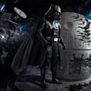 Highly detailed, High Quality, Masterpiece, beautiful, death star,  <lora:DeathStar:1.0>, spacecraft, space, scenery, epic, darth vader, Black_outfit,hood, hood_up, boots, darth vader helmet,cape,armor, shoulder armor, armored boots, <lora:Char_Sigmas_DarthVader:0.6>