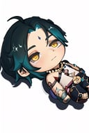 Highly detailed, High Quality, Masterpiece, beautiful, 1boy, QiqiFallen, chibi, on back, <lora:QiqiFallen:1.35>, head, clothing, yellow eyes, necklace, tattoo, (forehead:0.8), (ahoge:0.8), jewelry, <lora:Char_GenshinImpact_Xiao:0.65>