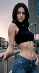 (hyperealistic detailed face:1.2), (looking at viewer:1.2), centered, RAW photo, upper body, frontal photography, masterpiece, | (beautiful detailed eyes:1.2), long hairstyle, (black hair color), (light brown eyes), (black top), midriff peak, navel, lowleg jeans, | sunset, bokeh, depth of field, | urban, street, City, | starry sky, vaporwave color scheme, (realistic colors:1.2), (hdr), 
