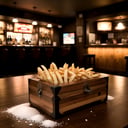 centered, photography, | wooden chest full of fries inside, glowing, delicious, raining salt, symetrical, realistic, | bokeh, depth of field, | bar, drinking bar, tavern, cozy lights, 