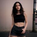 (hyperealistic detailed face:1.2), (looking at viewer:1.2), centered, RAW photo, upper body, frontal photography, | (beautiful detailed eyes:1.2), long hairstyle, (curly hair), (black hair color), (light brown eyes), (black top), midriff, navel, lowleg shorts, | sunset, bokeh, depth of field, | urban, street, city, | starry sky, vaporwave color scheme, (realistic colors:1.2), (hdr), 