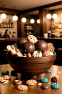 centered, photography, | multiplr wooden bowl, chocolate balls, candies, cookies, bread, almonds, peanuts, delicious, symetrical, realistic, | bokeh, depth of field, | bar, drinking bar, tavern, cozy lights, 