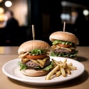 centered, two tiny burgers and a bunch of french fries, simple background, | depth of field, bokeh, | smooth detailed shadows, hyperealistic shadows, (saturated colors:1.2) | hyperealistic, analog, realism,