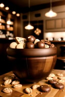 centered, photography, | multiplr wooden bowl, chocolate balls, candies, cookies, bread, almonds, peanuts, delicious, symetrical, realistic, | bokeh, depth of field, | bar, drinking bar, tavern, cozy lights, 