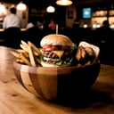 centered, photography, | wooden bowl, tiny doble burger, fries, chicken nuggets, delicious, symetrical, realistic, | bokeh, depth of field, | bar, drinking bar, tavern, cozy lights, 