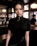 frontal view, facing the viewer, (looking at viewer:1.2), centered, over waist photography of a 22yo chinese-american woman, | (beautiful detailed eyes:1.2), (double bun hairstyle), dark brown hair color, (dark brown eyes), (black tight dress), | sunset, bokeh, depth of field, | bar, indoors, tavern, | SF5 CHUN, SF6 CHUN,