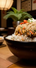 centered, photography, analog, | fried rice bowl dish, food photo, restaurant, table, japanese restaurant, | depth of field, bokeh
