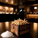 centered, photography, | wooden chest full of fries inside, glowing, delicious, raining salt, symetrical, realistic, | bokeh, depth of field, | bar, drinking bar, tavern, cozy lights, 