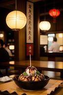 centered, photography, analog, | takoyaki dish, food photo, restaurant, table, japanese restaurant, | depth of field, bokeh