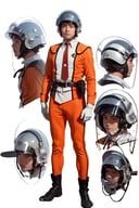 (masterpiece:1.3), (the best quality:1.2), (super fine illustrations:1.2), (Masterpiece), high quality, high detail, ((white background:1.2)), looking at viewer, (SOLO:1.4), outline, , simple background, leggings, black gloves, helmet, boots, orange pants, orange jacket, uniform, jacket, belt, military uniform, white shirt, suit, shirt, necktie,