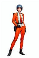 (masterpiece:1.3),  (the best quality:1.2),  (super fine illustrations:1.2),  (Masterpiece),  high quality,  high detail, ((white background:1.2)),  looking at viewer,  (SOLO:1.4), outline, , simple background,  leggings,  black gloves,  helmet,  boots,  orange pants, orange jacket,  uniform,  jacket,  belt, military uniform,  white shirt,  suit,  shirt,  necktie, 