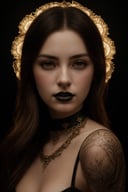 A mesmerizing hyperdetailed 4K concept art portrait, (Featuring a young pale girl with ethereal beauty against a black background:1.3), Her hair adorned with a striking blend of black and gold strands, intricately woven with spider motifs and delicate webs seamlessly integrating into her hair, (A fusion of gothic and fractal isometric details:1.3), The full-body portrait reveals her captivating presence, donned in a stylish choker and intricate clothing that covers her slender frame, (A little fusion of realism and fantasy:1.3), The complex lighting design reminiscent of luminism, with bar lighting casting dramatic shadows and highlights, (Creating a mesmerizing chiaroscuro effect:1.3), The artwork is in the style inspired by the artistic brilliance of Greg Rutkowski, Artgerm, WLOP, and Alphonse Mucha, (A portrait that pays homage to artistic mastery:1.3), The composition is a harmonious fusion of realism and gothic aesthetics, with bioluminescent elements adding a touch of enchantment, (A work of art that pushes the boundaries of imagination:1.3), A stunning 30-year journey of artistry captured in a single, realistic photograph.