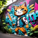 Graffiti style anime style, adventurer cat, dense jungle, holding a machete . Street art, vibrant, urban, detailed, tag, mural, high quality photography, 3 point lighting, flash with softbox, 4k, Canon EOS R3, hdr, smooth, sharp focus, high resolution, award winning photo, 80mm, f2.8, bokeh