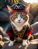 (a pirate_cat), (adventurer outfit:1.2), searching for treasure, ((close up:1.1)), high quality photography, 3 point lighting, flash with softbox, 4k, Canon EOS R3, hdr, smooth, sharp focus, high resolution, award winning photo, 80mm, f2.8, bokeh