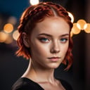 photo of 20 y.o woman, perfect eyes, short red hair, braid, looks at viewer, cinematic shot, hard shadows, full body, high quality photography, 3 point lighting, flash with softbox, 4k, Canon EOS R3, hdr, smooth, sharp focus, high resolution, award winning photo, 80mm, f2.8, bokeh