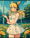 1girl, blonde hair, double bun, headphones, skirt, dress, soda, garden, plants, (detailed ladscape:1.2), (dynamic_angle:1.2), (dynamic_pose:1.2),(masterpiece:1.2), (best quality, highest quality), (ultra detailed), (8k, 4k, intricate), (cowboy shot:1), (highly detailed:1.2),(detailed face:1),(gradients),(ambient light:1.3),(cinematic composition:1.2),(perfect_anatomy:1.2), <lora:Bobotae_Style:0.75>