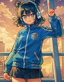 1girl, blue hair, double bun, short hair, headphones, skirt, jacket, shorts, soda, futuristic city, (detailed ladscape:1.2), (dynamic_angle:1.2), (dynamic_pose:1.2),(masterpiece:1.2), (best quality, highest quality), (ultra detailed), (8k, 4k, intricate), (cowboy shot:1), (highly detailed:1.2),(detailed face:1),(gradients),(ambient light:1.3),(perfect_anatomy:1.2), cinematic composition, <lora:Bobotae_Style:0.75>