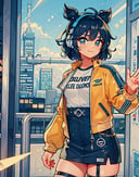 1girl, blue hair, double bun, short hair, headphones, skirt, jacket, shorts, soda, futuristic city, (detailed ladscape:1.2), (dynamic_angle:1.2), (dynamic_pose:1.2),(masterpiece:1.2), (best quality, highest quality), (ultra detailed), (8k, 4k, intricate), (cowboy shot:1), (highly detailed:1.2),(detailed face:1),(gradients),(ambient light:1.3),(perfect_anatomy:1.2), cinematic composition, <lora:Bobotae_Style:0.75>