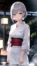 masterpiece, best quality, film grain, chromatic aberration, raw photo, photorealistic, absurdres, highres, ultra detailed, detailed eyes and face, 1girl, Gray Hair, Yukata, Onsen
