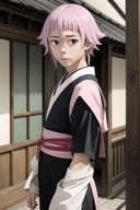 masterpiece, best quality, game cg, 1boy, solo, male focus, looking at viewer, , , anime coloring, , <lora:crona_soul_eater:0.70>, crona_soul_eater, pink hair, black eyes, short hair with long locks, , mummy costume, feudal japan, Blu-ray