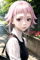 masterpiece, best quality, photorealistic, 1girl, solo, looking at viewer, , , ligne claire, , <lora:crona_soul_eater:0.68>, crona_soul_eater, pink hair, black eyes, bags under eyes, , ,