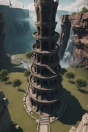 (Masterpiece,  Best Quality),  highres,  (8k resolution wallpaper),  from above,  ff14bg,  no humans,  wide shot,  fantasy,  landscape,  beautiful,  outdoors,  (details:1.2),  (no humans),  (spiral tower:1.3),  large tower,  spring \(season\),  scenery,  sharp focus,  shadow,  (deep depth of field:1.3),  volumetric lighting,  sunlight,  day,  extremely detailed background,  fantastic,  ancient ruins,  mysterious,  (intricate details:1.2),  waterfall,  highly detailed,  4k,  insaneres, <lora:EMS-48308-EMS:0.900000>
