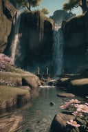 (Masterpiece,  Best Quality),  highres,  (8k resolution wallpaper),  dutch angle,  ff14bg,  no humans,  wide shot,  fantasy,  landscape,  beautiful,  outdoors,  (details:1.2),  water,  (no humans),  spring \(season\),  nature,  flowers,  sharp focus,  shadow,  (deep depth of field),  volumetric lighting,  sunlight,  day,  extremely detailed background,  fantastic,  ancient ruins,  mysterious,  (intricate details:1.2),  waterfall,  highly detailed,  4k, <lora:EMS-48308-EMS:1.000000>